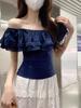 2025 New Style One-shoulder Lace Panel Short Sleeve T-shirt Women Summer Fit Design Off Shoulder Elegant Clothing