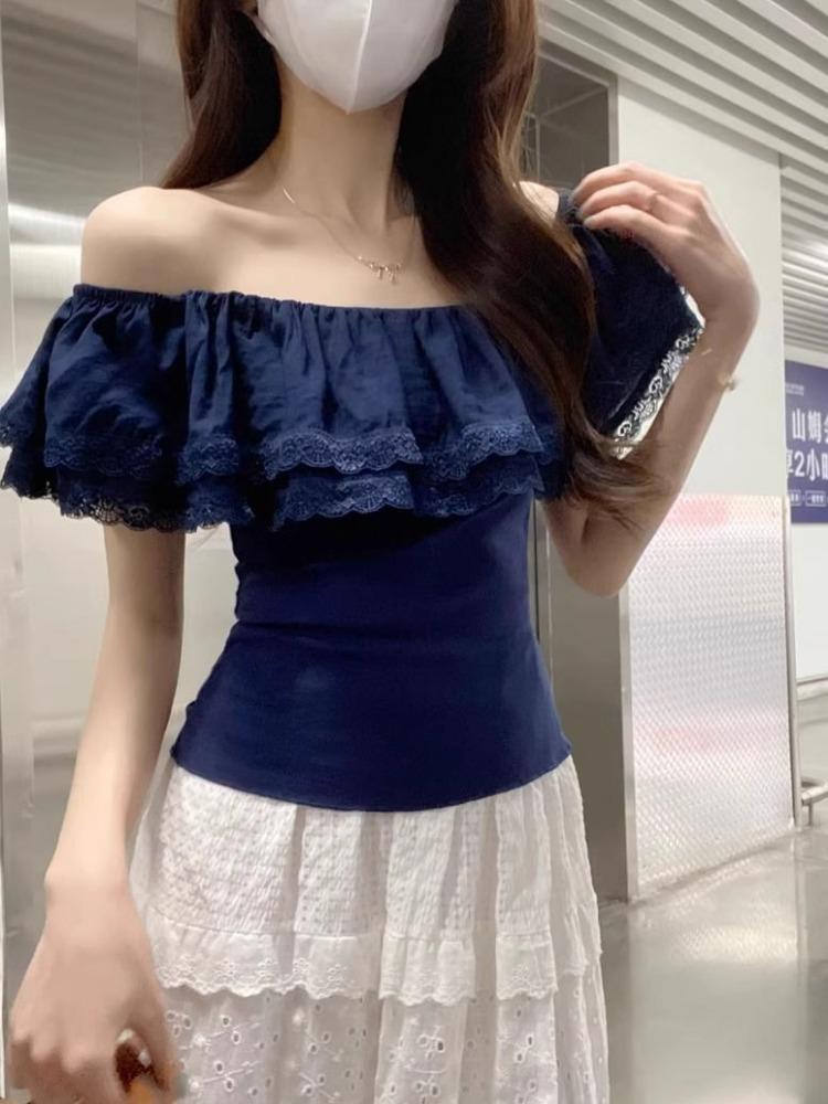 2025 New Style One-shoulder Lace Panel Short Sleeve T-shirt Women Summer Fit Design Off Shoulder Elegant Clothing