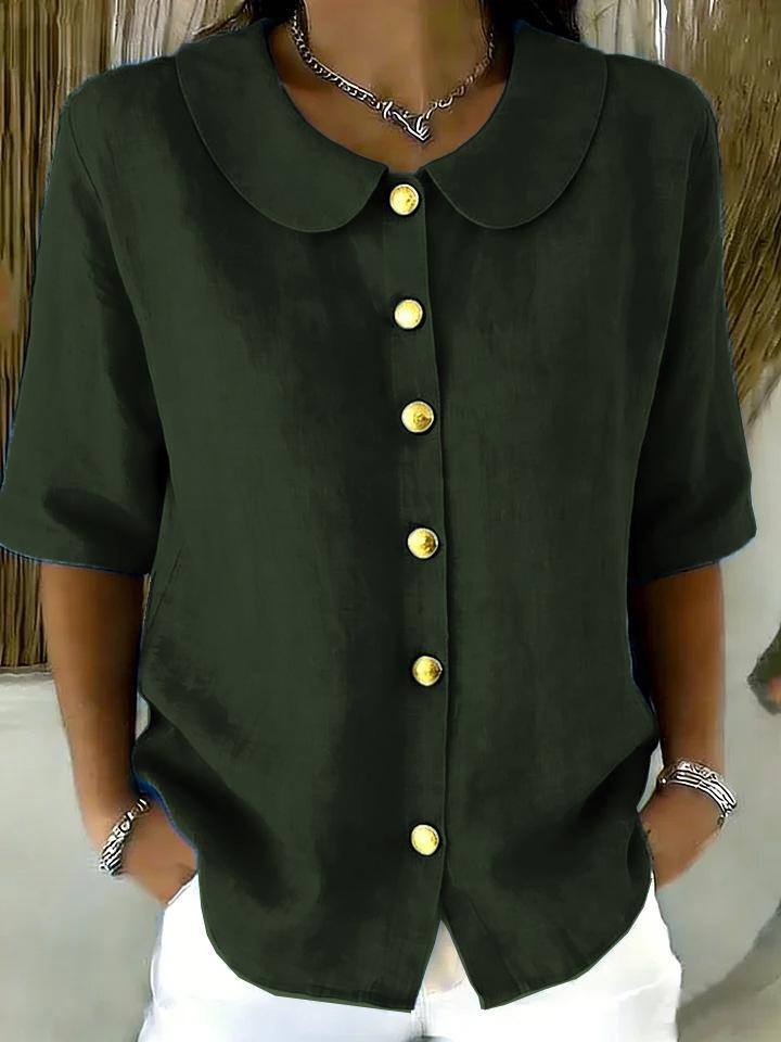 Elegant Commuting Loose Solid Button Half Sleeve Shirt For Women