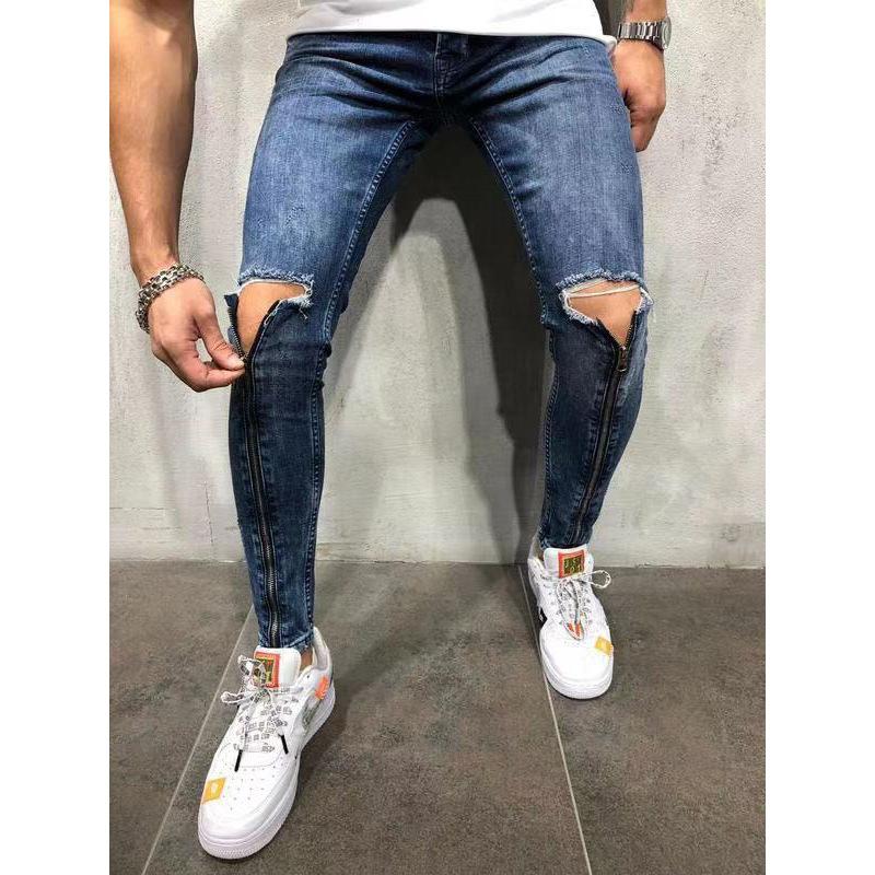 Men's Jeans Ripped European and American Long Zipper Men's Pencil Pants