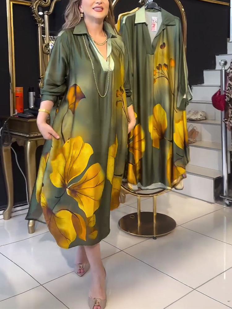 2024 Autumn European & American Print Long Sleeve Turn-Down Collar Loose Dress for Women