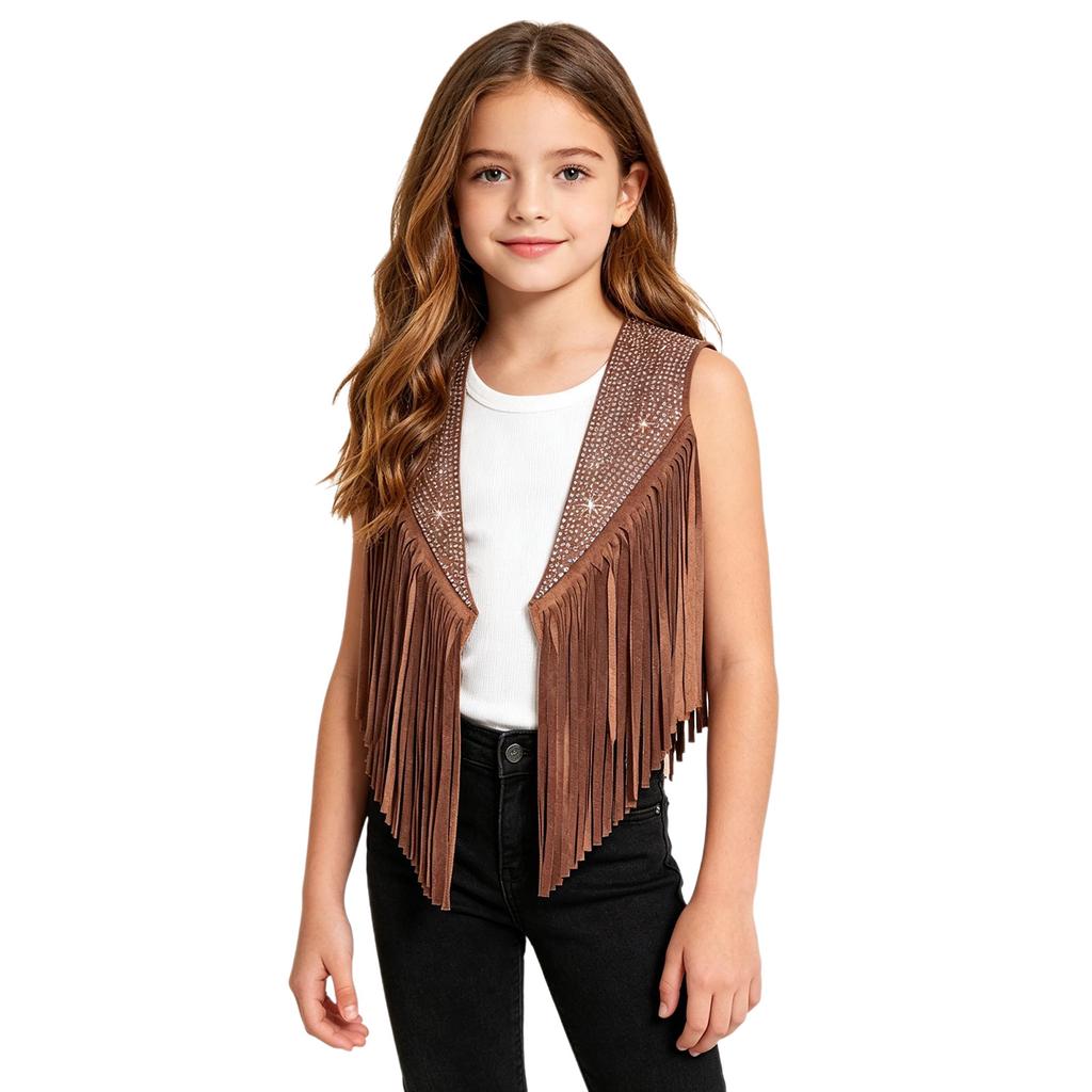Children‘s Cowboy Fringed Vest Sparkling Rhinestones Sleeveless Open Front Waistcoat for Stage Performance Rodeo Party