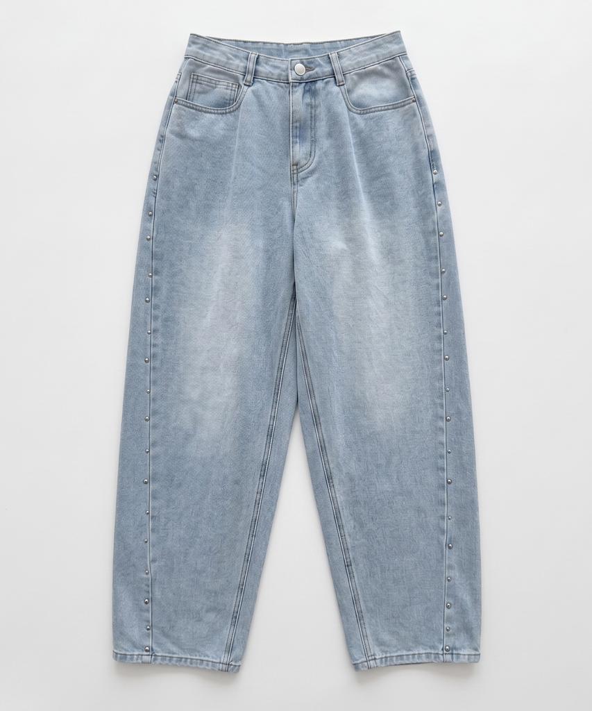 ROCKED GARAGE [Unisex] Colmar Side Line Studded Balloon Wide Fit Washed Denim Pants [Light Blue]
