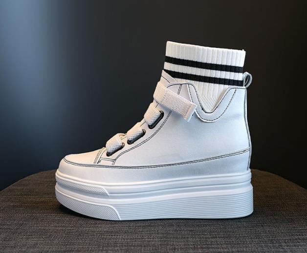 Fashion Spring Autumn Women High Top Sneakers Breathable Thick Sole Chunky Sneakers Ankle Boots 8cm Platform Booties Wedge Boots White