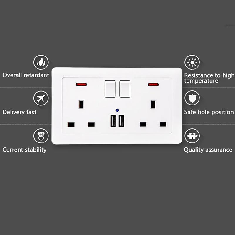 UK Electrical Socket 13A Dual USB Type-C 5V 2.1A Outlet with Switch Control Fast Charge Wall Power Socket 86x146mm