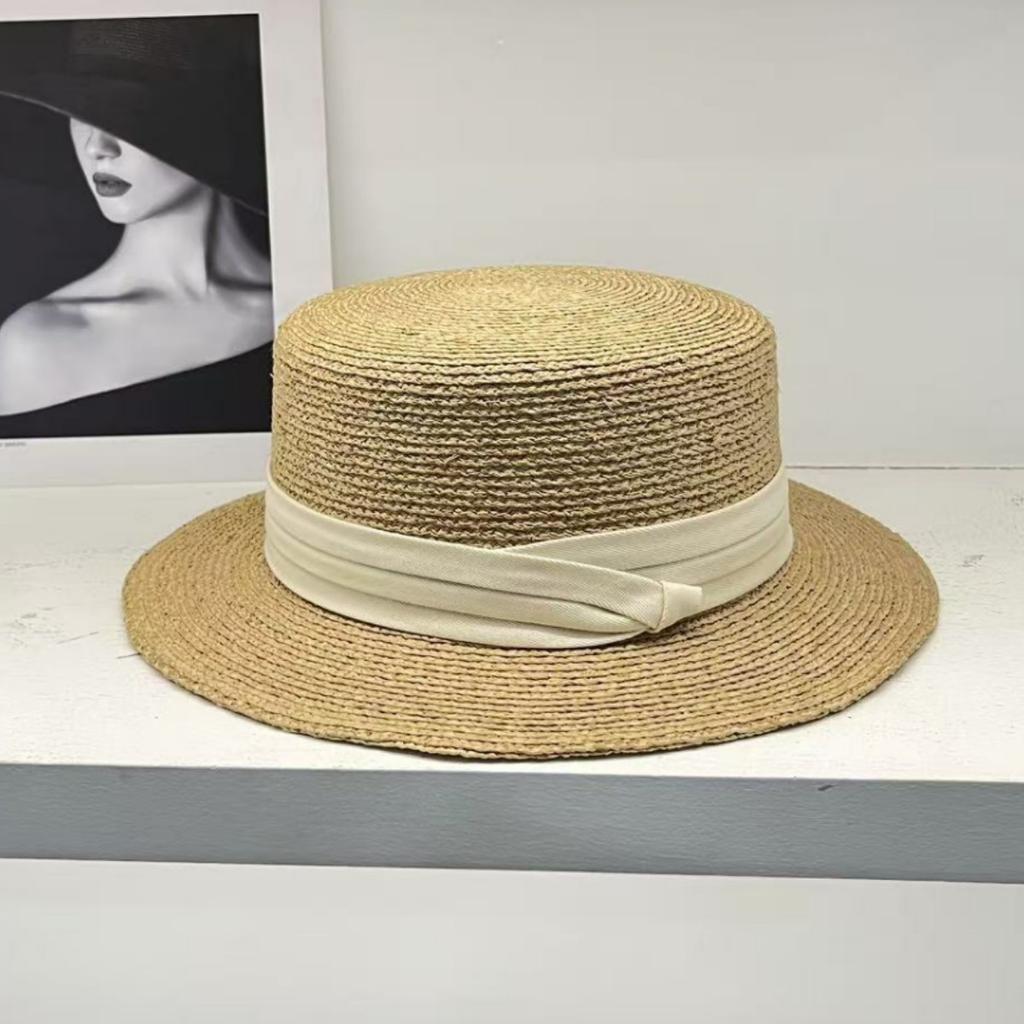 French Te Silk Lafie Grass Flat Top Straw Hat Women's Summer Hepburn Elegant Top Hat, Men's Sun Had Seaside Beach Hat