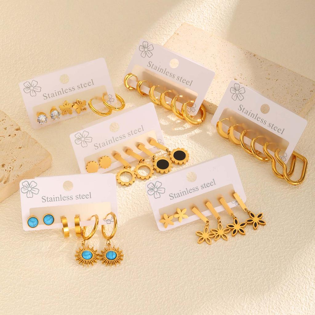 Dreiteiliges Set Ohrstecker für Damen, Hohl, Schleife, Blume, Herz, Edelstahl, Ohrstecker-Set, Großhandel Schmuck Geschenk