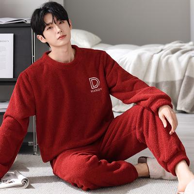 Red Natal Year Pajamas Men'S Autumn And Winter Warm Half Fleece Men Can Wear Coral Fleece Loungewear Suit