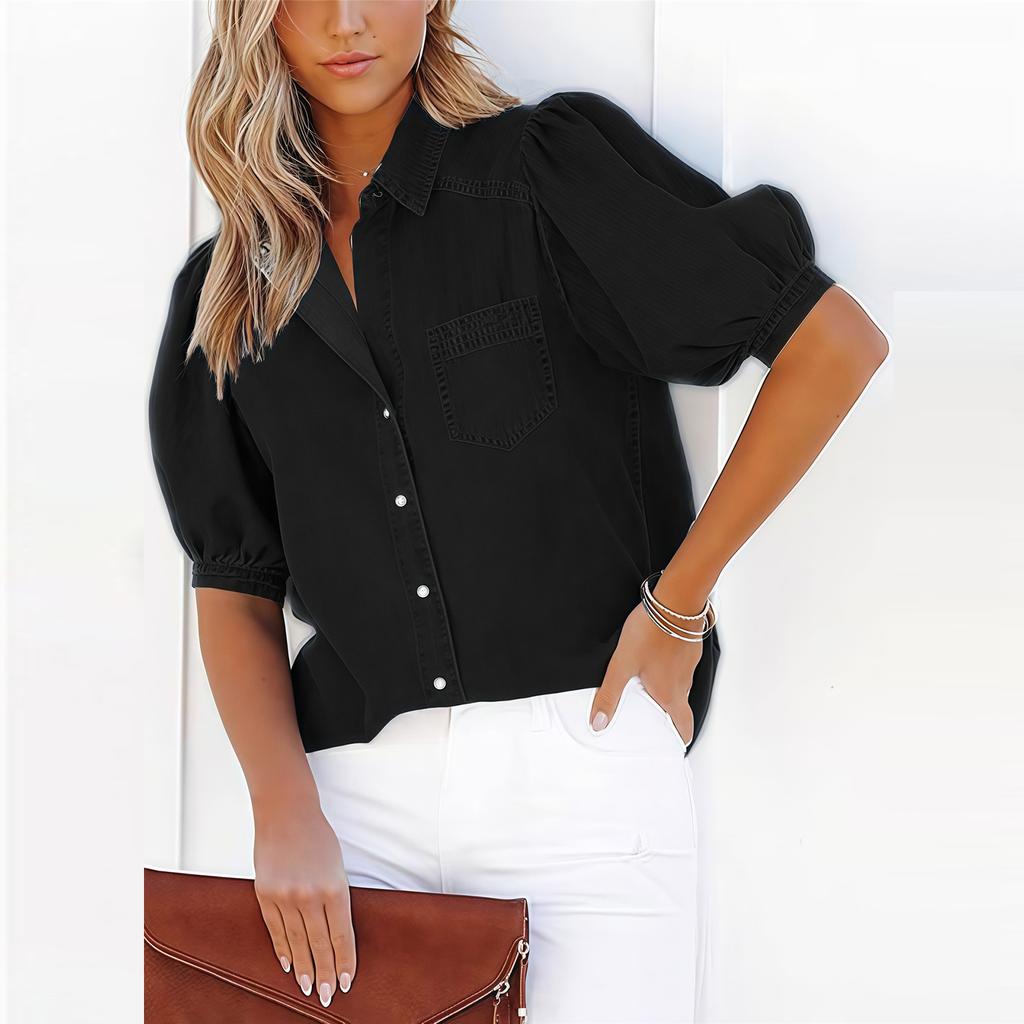 Women's Fashion Lapel Short,Sleeved Pocket Cardigan Colour Casual Shirt Top