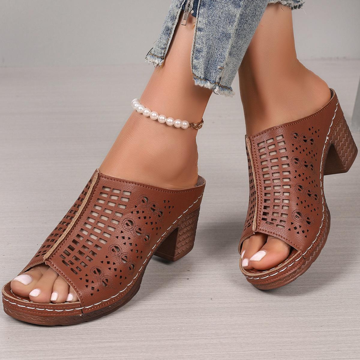 

Женские элегантные босоножки на высоком каблуке, модные туфли с открытым носком на массивном каблуке, повседневные летние уличные сандалии 40