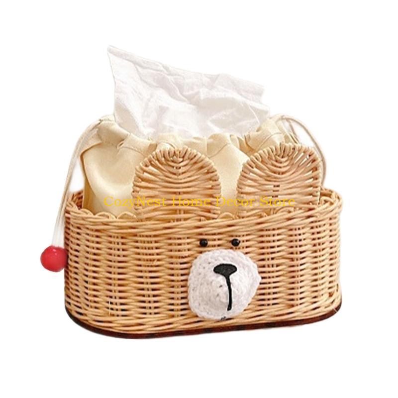 92MF Unique Cottage Tissue Holder Bear Design Crafted Rattan Kitchen Storage