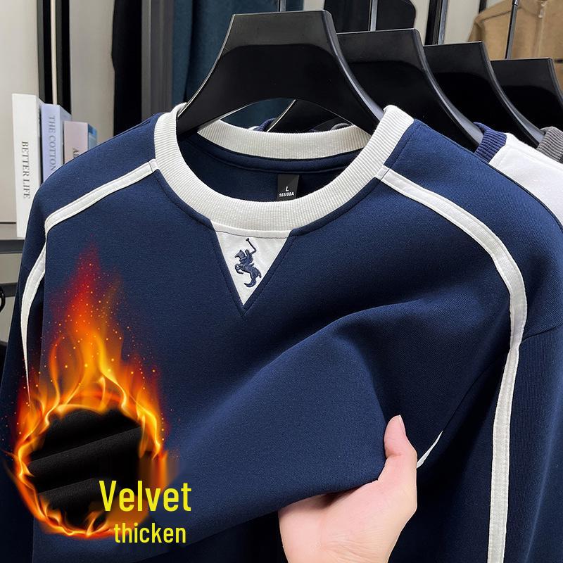 Embroidered Pony Logo Men's Sweatshirt: Fleece-Lined Cotton Blend for 2025 Autumn/Winter Fashion