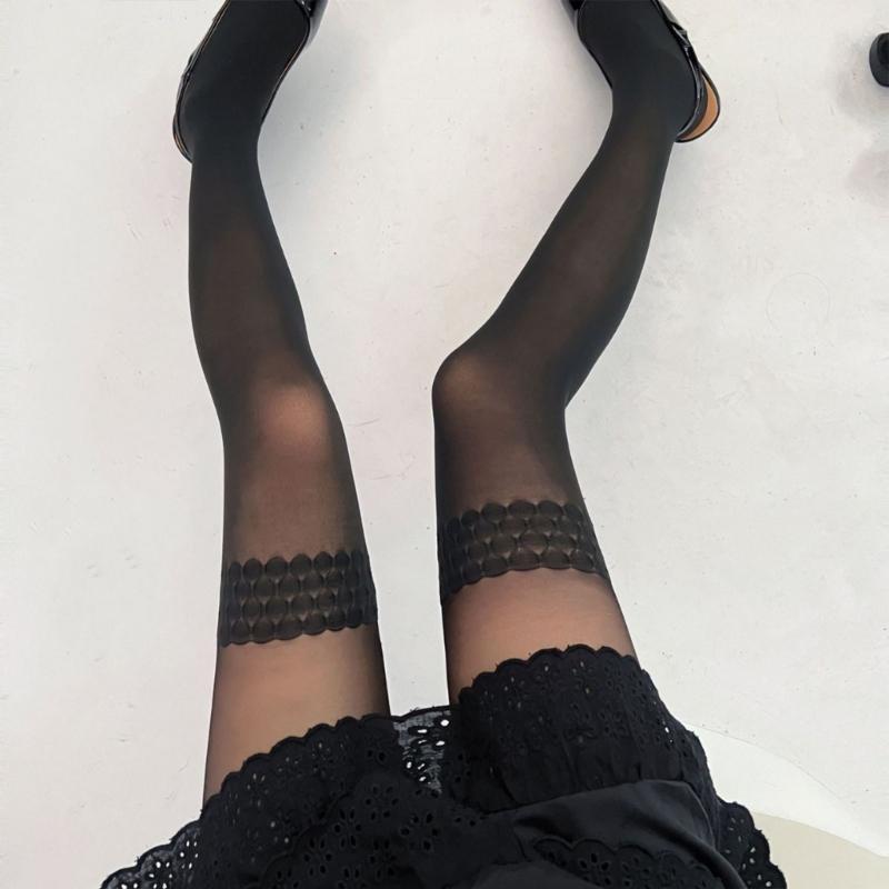 Women Faux Thigh High Socks Pantyhose Japanese Jacquard Patchwork Sheer Thin Stockings Mock Suspender Tights Hosiery