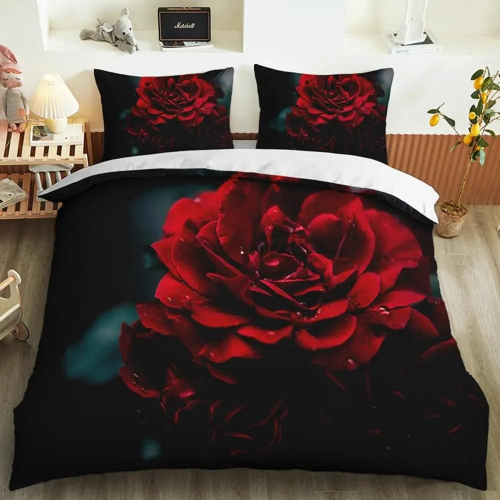 Red Rose Duvet Cover Collection Full Size Microfiber Red Flower Quilt Cover For ValentineS Day MotherS Day Wedding Soft Bedding Collection