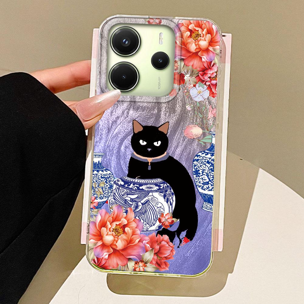 

Роскошные чехлы для телефонов с черной кошкой и цветами Чехол для телефона Xiaomi Redmi 14C 13C 14T A5 A4 A3 Note 14 13 Pro Оболочка Силиконовая задняя крышка Xiaomi 13T белый