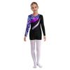 Girls Long Sleeve Round Neck Rhinestones Printed Patchwork Leotard V Front Waistband Shorts Dance Set
