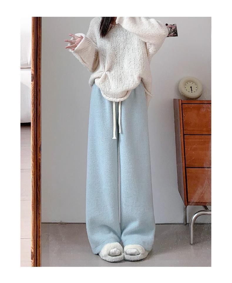Women's Autumn/Winter Pink Velvet Wide-Leg High-Waist Pants - Thickened for Warmth and Comfort