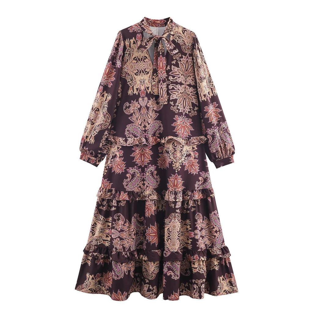 2025 Autumn Bohemian V-Neck Loose Fit Dress - European Style Printed Women's Clothing
