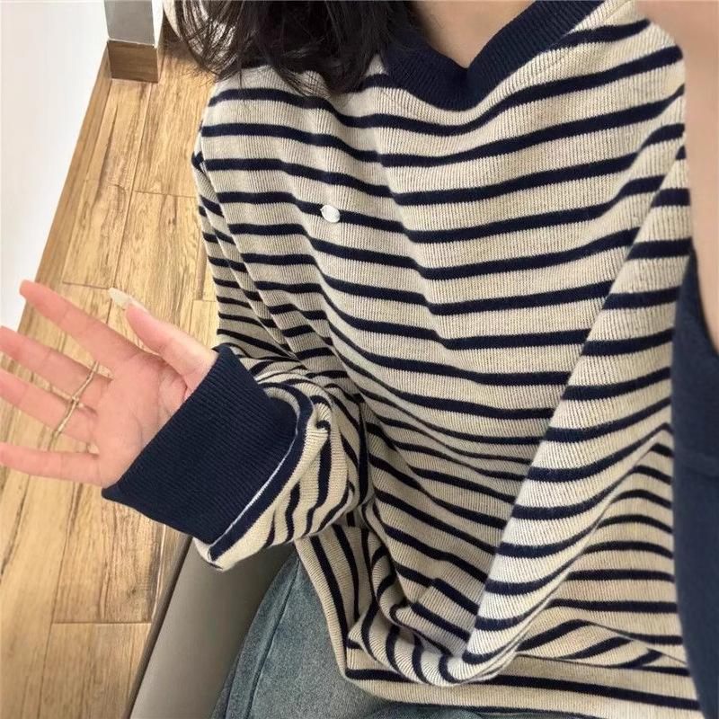 

Винтажный полосатый свитер с круглым вырезом женский базовый слой осень-зима толстый свободный ленивый стиль с длинным рукавом вязаный топ XL тёмно-синий