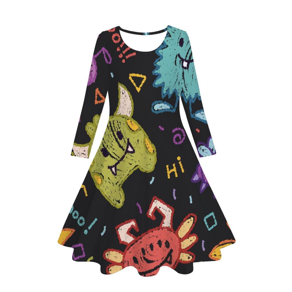 Girls' 3D Cute Sketch Dino Dress Long Sleeve Summer Spring Vacation Daily Holiday Princess Beautiful Sweet Kids 4-12 Years Casual Dress A Line Dress