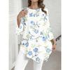 Plus Size, Plus Size Women Round Neck 3/4 Flared Sleeve Tunic Top, White Base Light Blue Floral Green Leaf Irregular Hem Casual Blouse