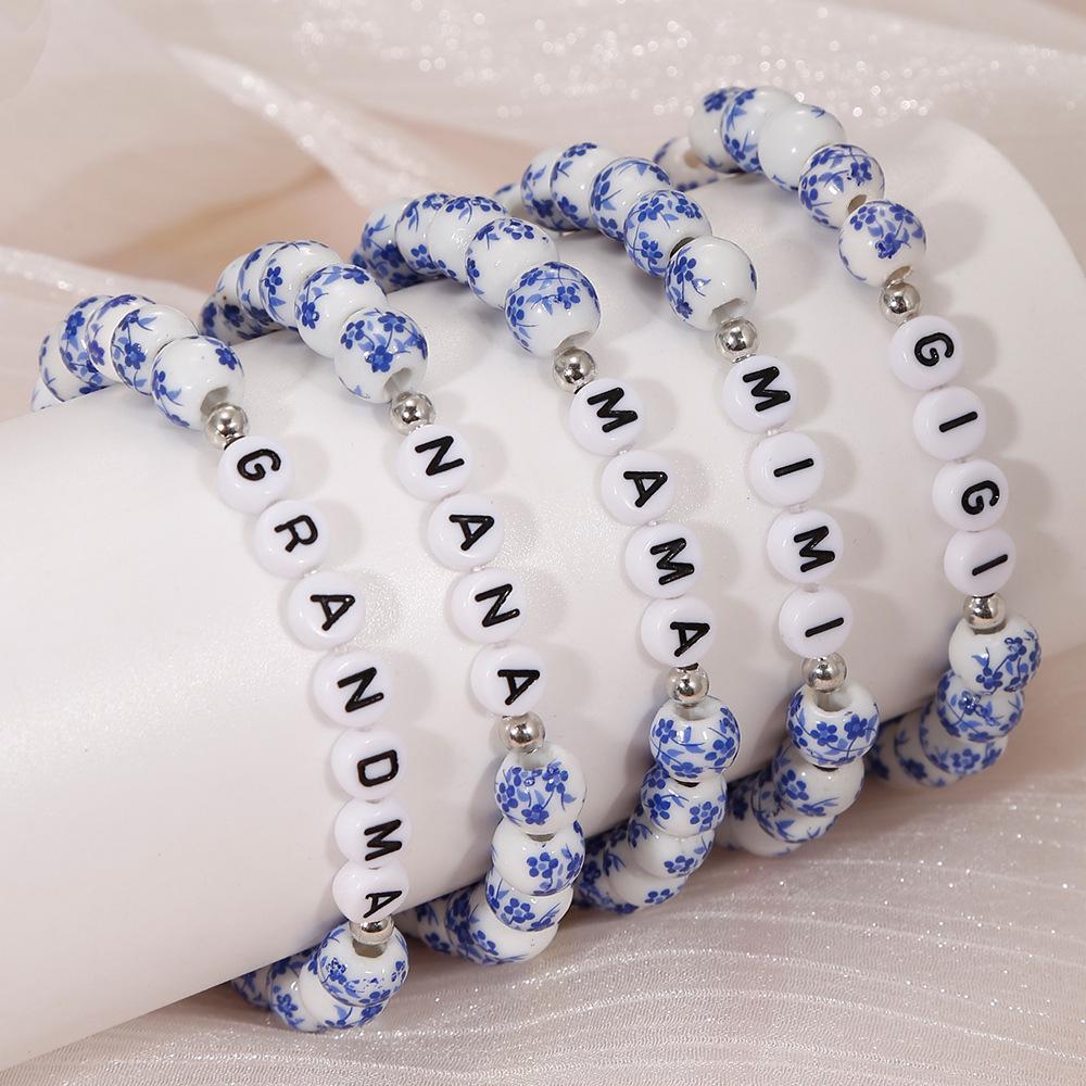 Porcelain Beaded Bracelet Gift - Blue & White Letter Design, Trendy Retro Style for NANA MAMA.