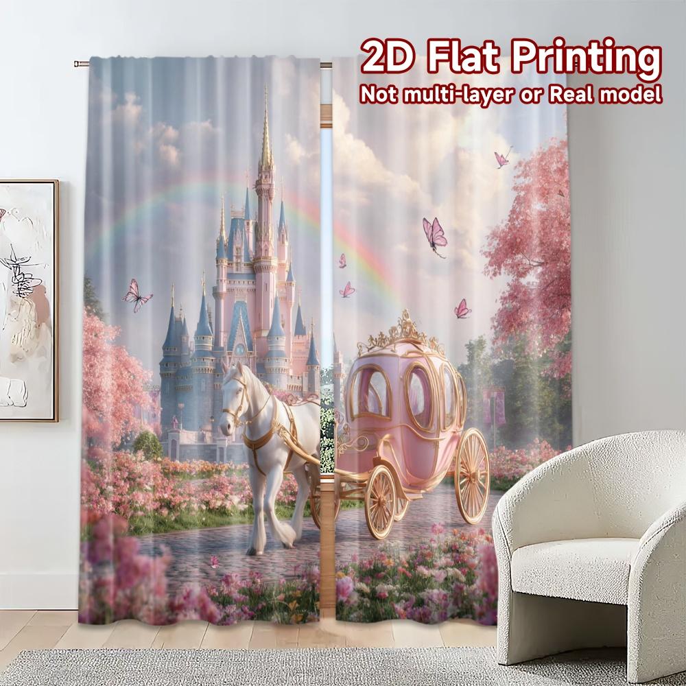 Set Of 2 Modern Flat Printing Curtains Without Rod Fantasy Kingdom Ride Fashionable Durable Polyester Fabric Curtain