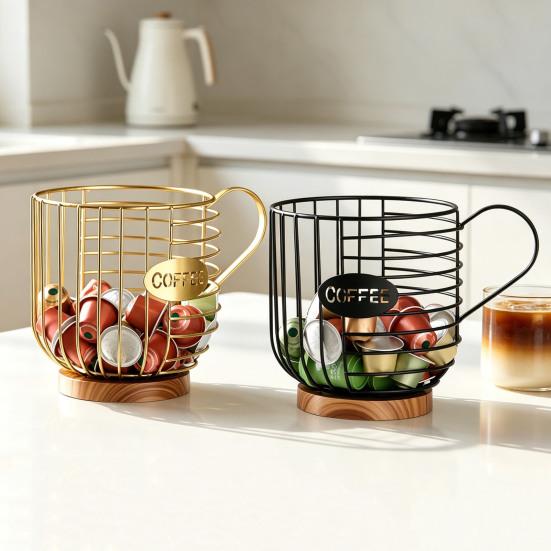 Metal Wire Cup Storage Basket with Wooden Base Coffee Mug Shape Hollow Out Organizer for Home Cafe Bar Countertop Kitchen Decor