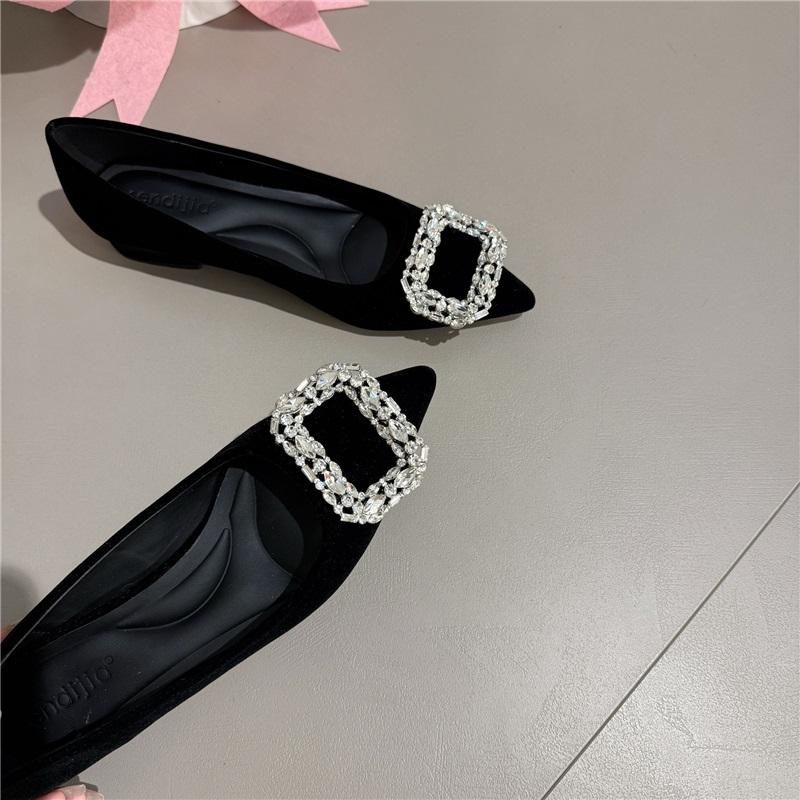 

Rhinestone Buckle Luxury Block Heel Flats French Pointed Toe Women Banquet Slip On Loafers 35 чёрный
