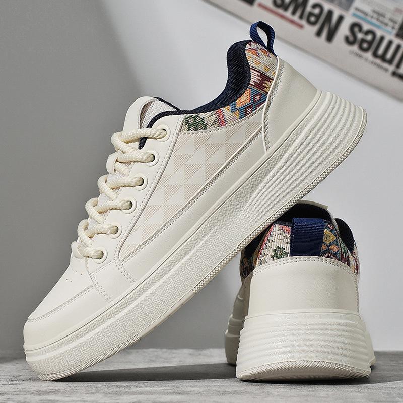 Retro Style Flat-soled White Shoes, Ethnic Style Flower Cloth Versatile Fashion Comfortable Board Shoes, Thick-soled Heightening Casual Sports Shoes