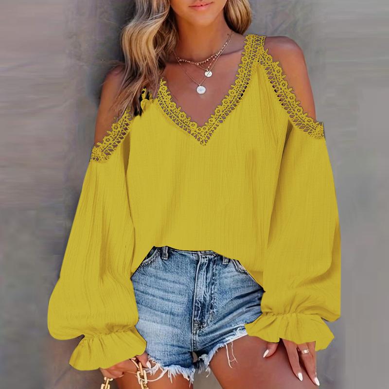 

VONDA Женские винтажные блузки-фонарики с V-образным вырезом и длинными рукавами, с открытыми плечами, кружевные блузки 2XL жёлтый