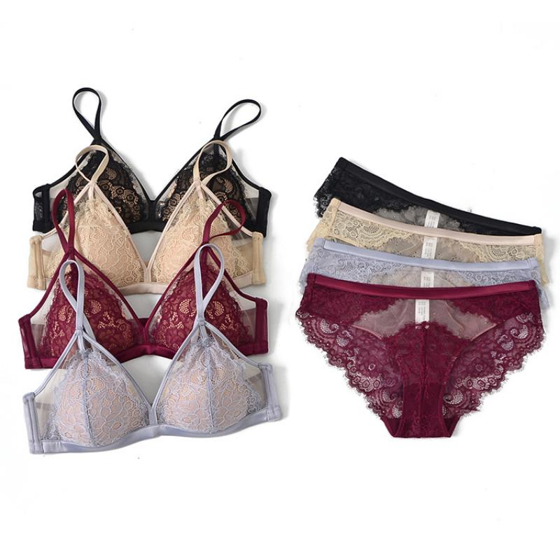 Set reggiseno a triangolo sexy in pizzo patchwork in rete leggermente foderato reggiseno senza fili per seni piccoli set slip intimo donna lingerie