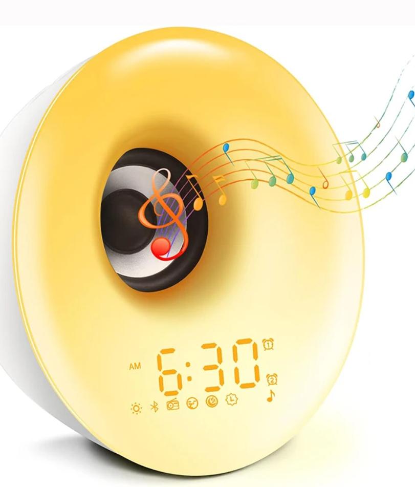 Relógio com alto-falante Bluetooth, despertador com luz de despertar e simulação de nascer do sol e pôr do sol, luz noturna colorida, tocador de música