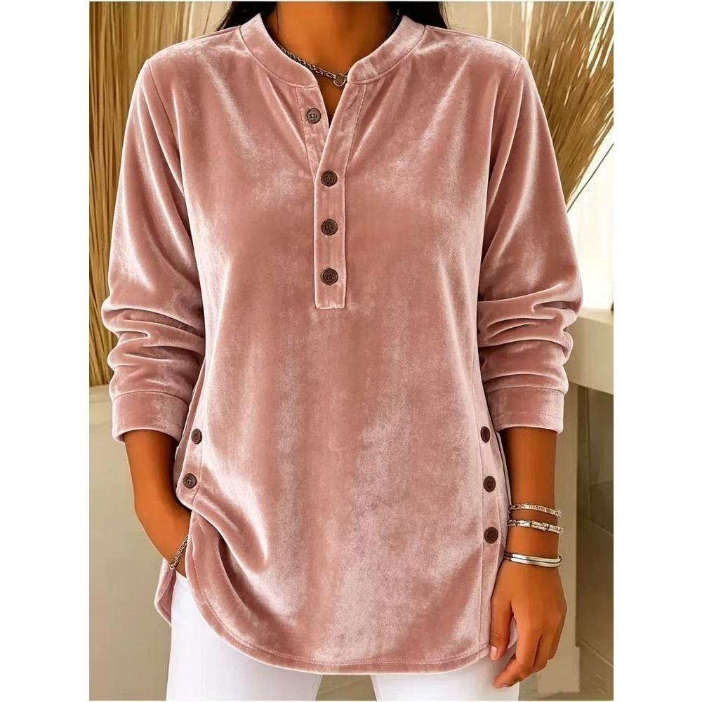 Autumn Winter New Women's Gold Velvet Top Casual Loose V-Neck Button Long Sleeve T-Shirt Velour Tee