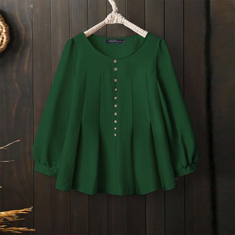

ZANZEA Женская повседневная блузка с круглым вырезом, однотонная, свободного кроя, с длинным рукавом L зелёный