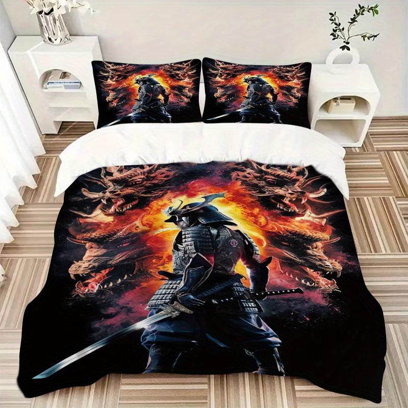 3pcs Samurai Dragon Bedding Set Soft Polyester Down Comforter Cover and Pillowcases, Suitable for All Seasons, Practical Gifts for the Home 0729096