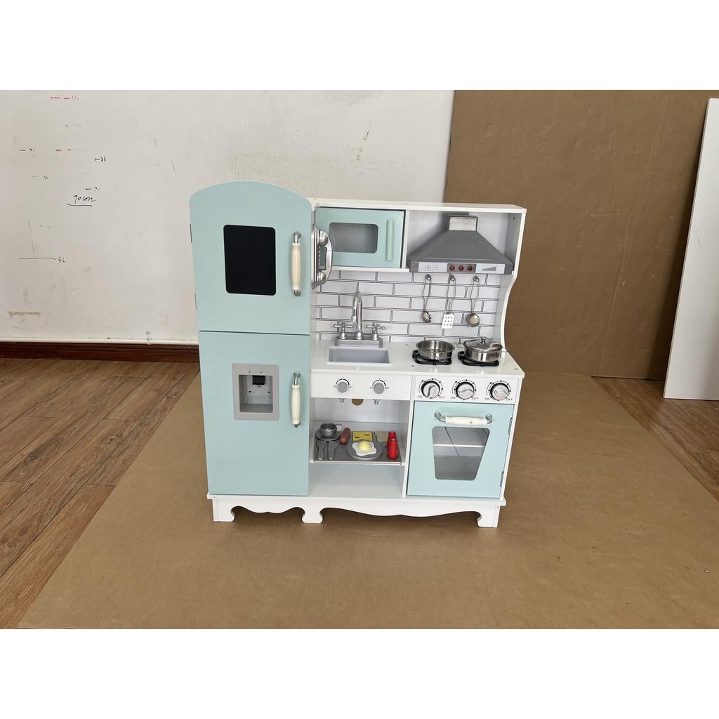 Wooden Toy Kitchen with Realistic Lights and Sounds Extractor Hood Water Dispenser Coffee Maker Refrigerator Oven