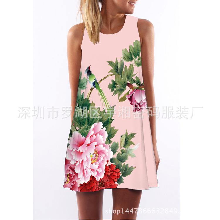 European and American Hot-selling New Digital Printing Round Neck Big Pendulum Loose Off-the-shoulder Medium and Long Vest Sleeveless Dress