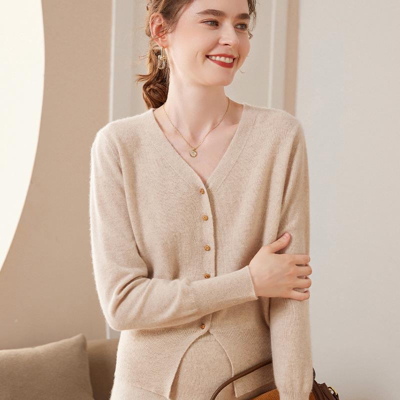 Women's Cashmere V-Neck Button Cardigan - Long Sleeve, Versatile, Loose Knit Outerwear, Lightweight Base Layer Sweater