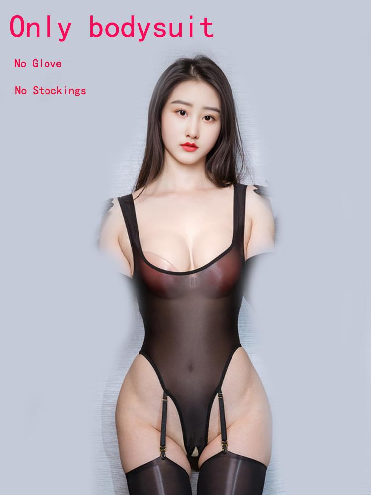 Sexy Women Cosplay Maid Oil Glossy Shiny Hollow Out Bodysuit Sheer See Through Elastic Crotchless Shapping Tight Garter Leotard