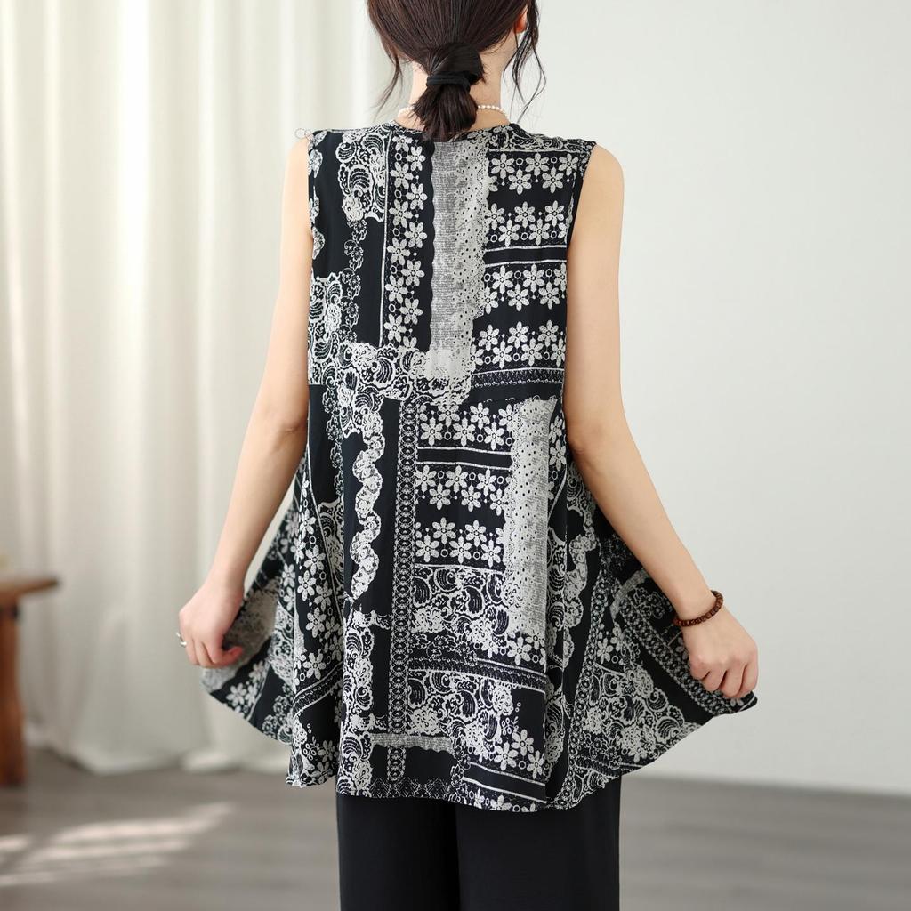 Oversized Cotton Vintage Floral Casual Loose Tank Tops for Women Summer T-shirt