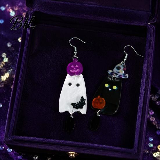 Cute Ghost Cat Jewelry Set 1 Pair Acrylic Halloween Earrings, Black White Drop Dangle Earrings with Charming Holiday Gift for Her Witch Hat