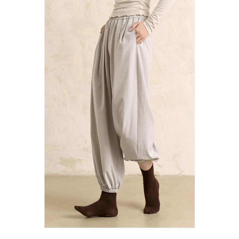 Womens Summer Light Gray High Waist Elastic Harem Pants XL бежевый
