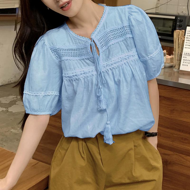 VONDA Women Summer Bow Kont Round Neck Lace Crochet Patchwork Casual Ruffled Blouse