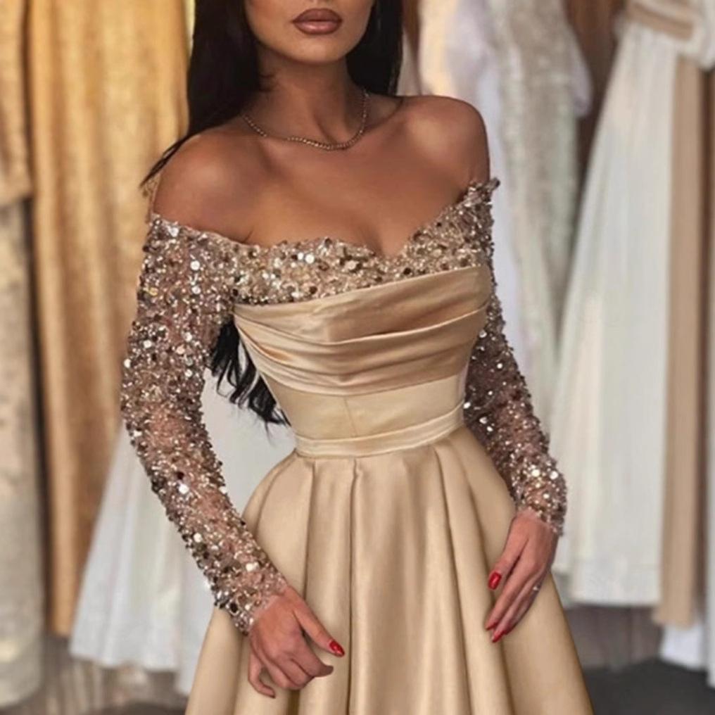 Europe Beautiful Woman Banquet Long Sleeve Temperament Socialites Will Host Aura Queen Sequined Evening Dress