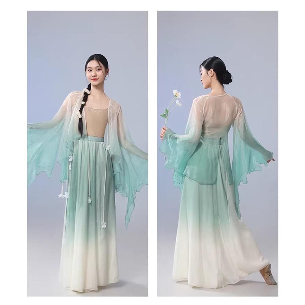 Women's Gradient Big Sleeve Chinese Classical Dance Set, Flowy Big Swing Chiffon Skirt Performance Wear
