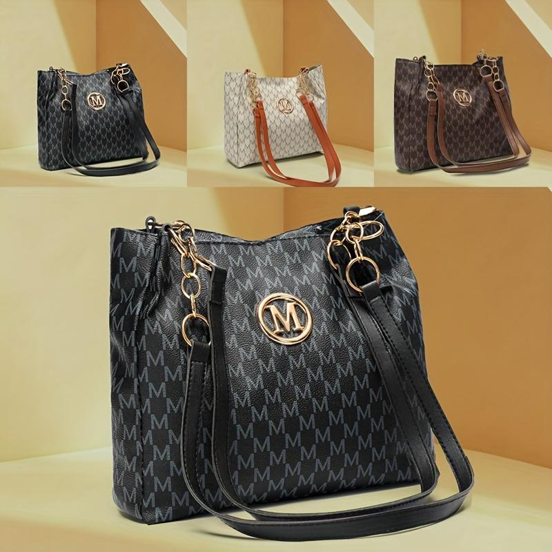 Women's PU Vintage Character 'M' Print Handbag & Crossbody Bag with M Hardware - Large Capacity Tote, Zipper Closure, Machine Washable Retro Purse