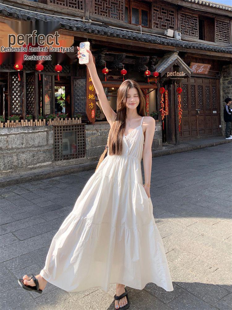 Elegant 2026 Summer White French Fairy Strappy Beach Dress - Women s Slimming Long Skirt XL