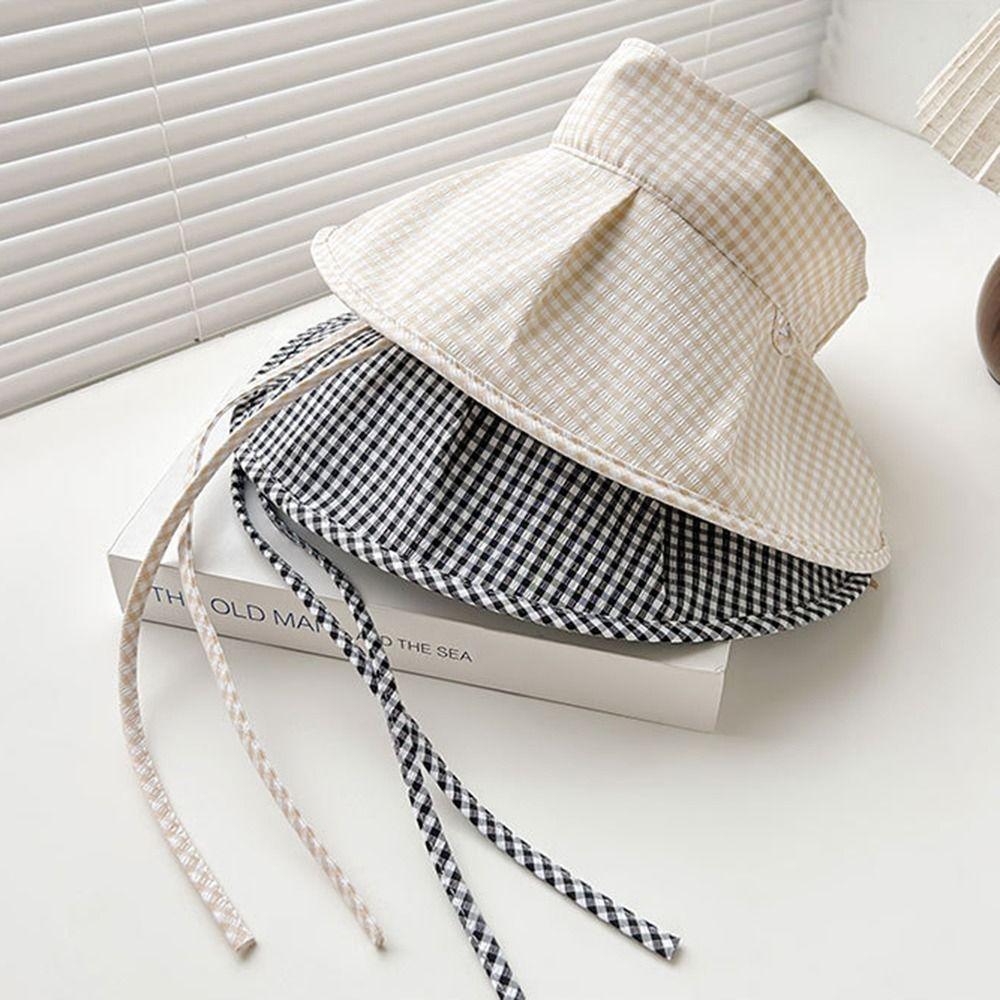 Plaid Print Sun Protection Hats Foldable Wide Brim Sunhat Leisure Summer Fisherman Cap Outdoor