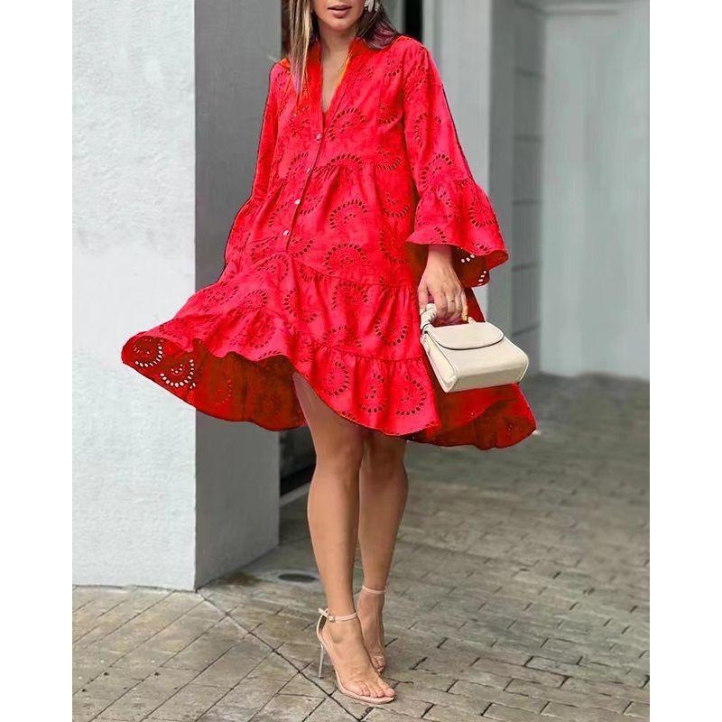 

V-neck Bell Sleeve Hollow out Loose Plus size Casual Long Dress Summer Large Casual Long Dress Red skirt M